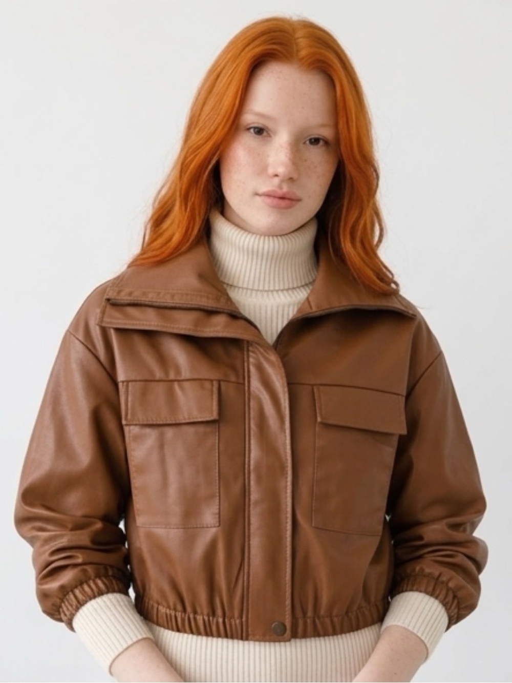 Ci Sono Cropped Chestnut Faux Leather Jacket